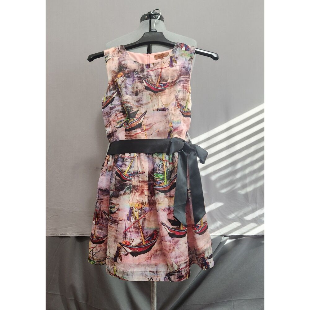 Amiso Migliore Dress Sailboat Brown Watercolor Skater Dress Sz Medium Black Bow